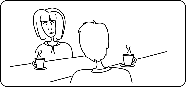Zeichnung von Ali und Esther gegenüber mit Kaffee