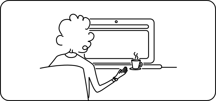 Zeichnung Ida mit Kaffee vor ihrem Rechner